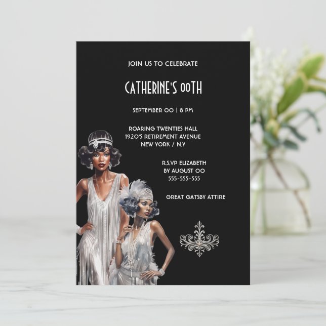 Invitation Grand Gatsby melanin dames luxueux anniversaire (Debout devant)