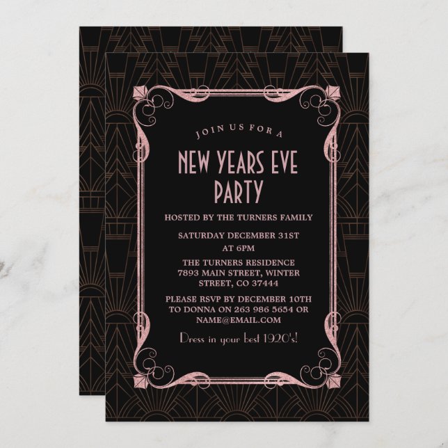 Invitation Grand Gatsby Rose Gold des années 20 (Devant / Derrière)