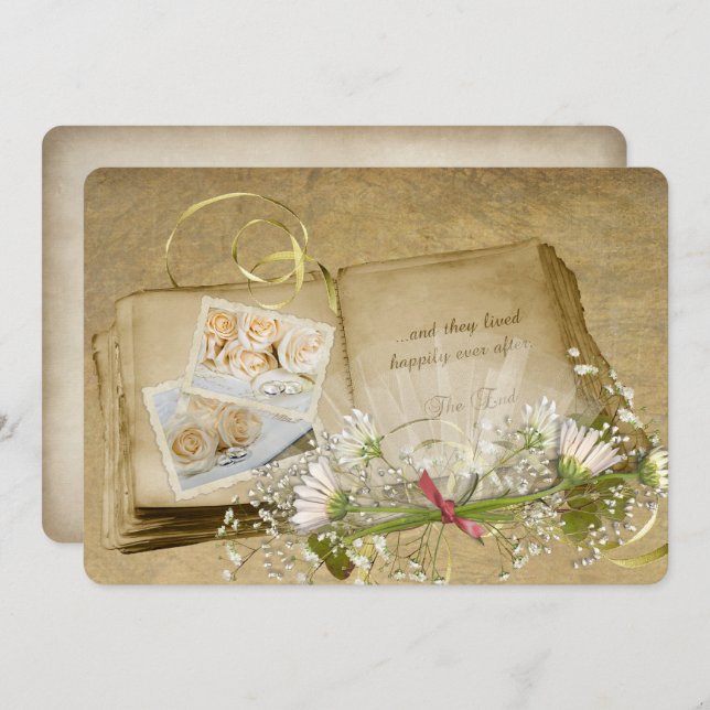 Invitation grand livre mariage ouvert avec bouquet de mariée (Devant / Derrière)