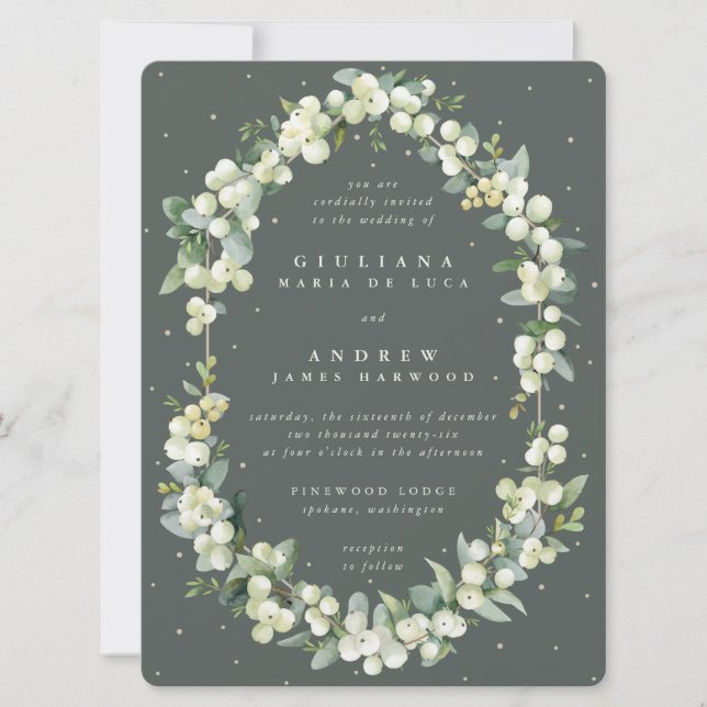 Invitation Grand mariage avec Snowberry vert gris et Eucalypt (Devant)