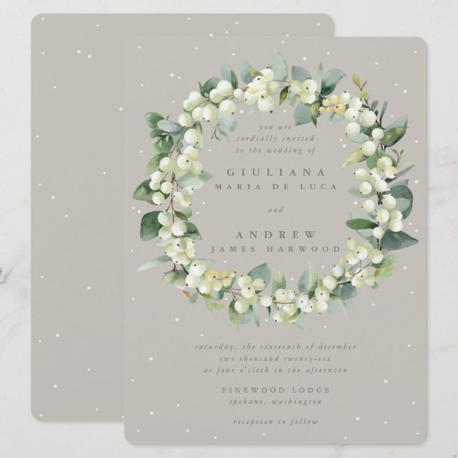 Invitation Grand Mariage de couronnes de canneberge gris+Euca (Devant / Derrière)