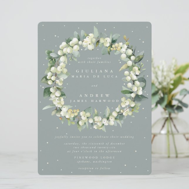 Invitation Grand Mariage de couronnes Seafoam Snowberry+Eucal (Debout devant)