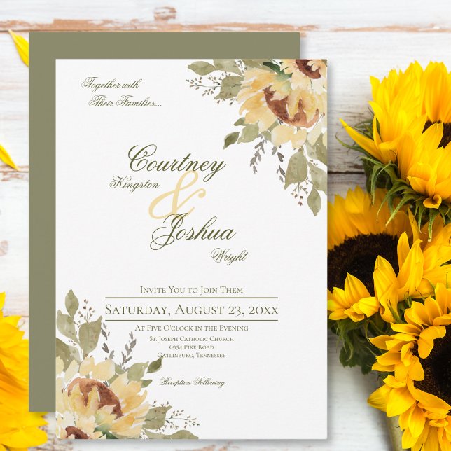 Invitation Grand Mariage de tournesols vert doux rustique (Créateur téléchargé)