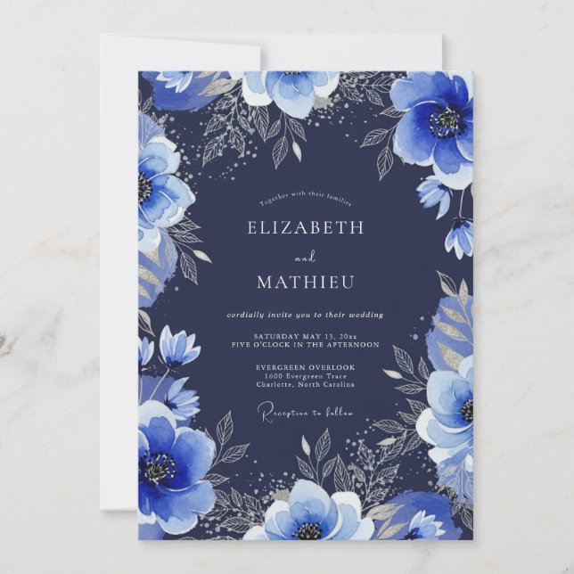 Invitation Grand mariage d'hiver bleu marine (Devant)