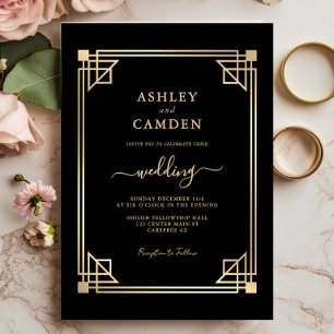 Invitation Grand mariage élégant cadre or Gatsby