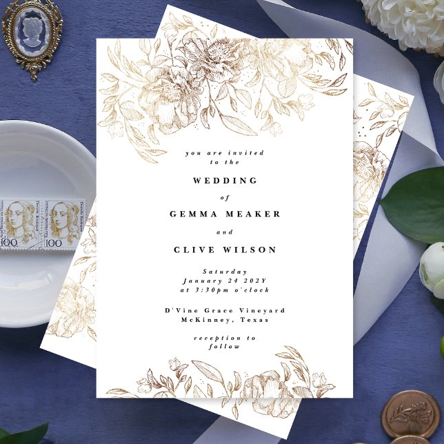 Invitation Grand Mariage élégant Gold Florals (Créateur téléchargé)
