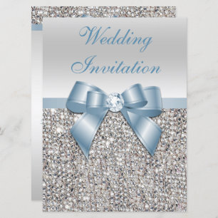 Invitation Grand Mariage Faux Séquins Argent Bow bleu Dusty