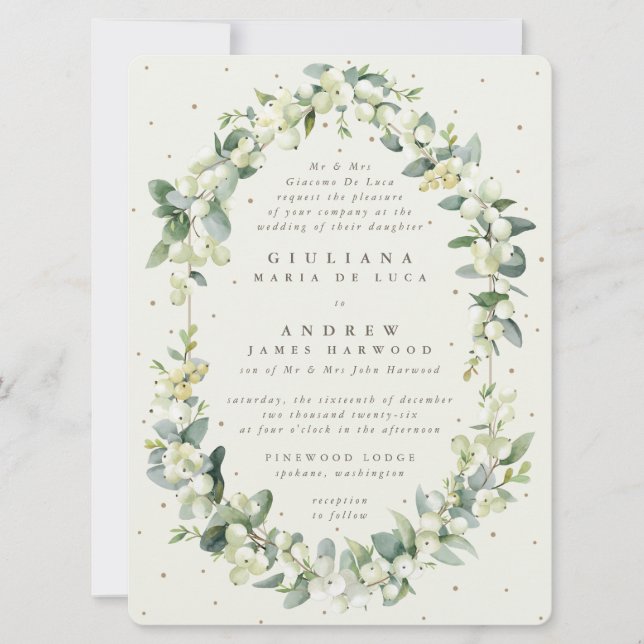 Invitation Grand mariage formel crème Snowberry + Eucalyptus (Devant)