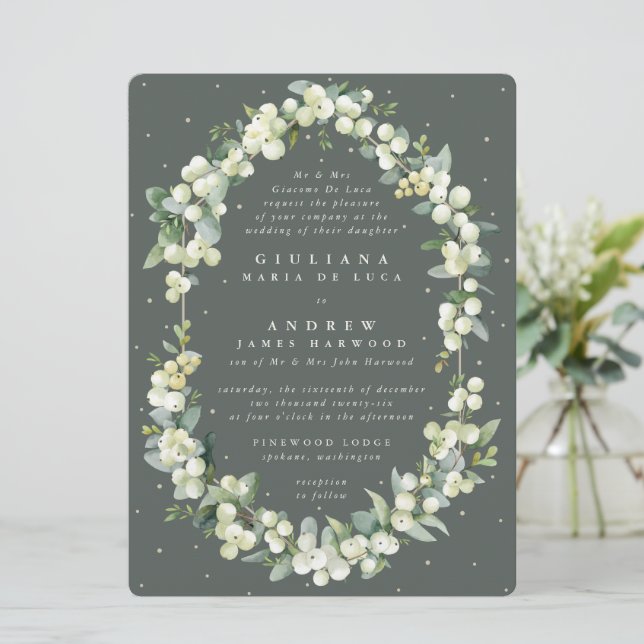 Invitation Grand mariage formel vert de Snowberry + Eucalyptu (Debout devant)