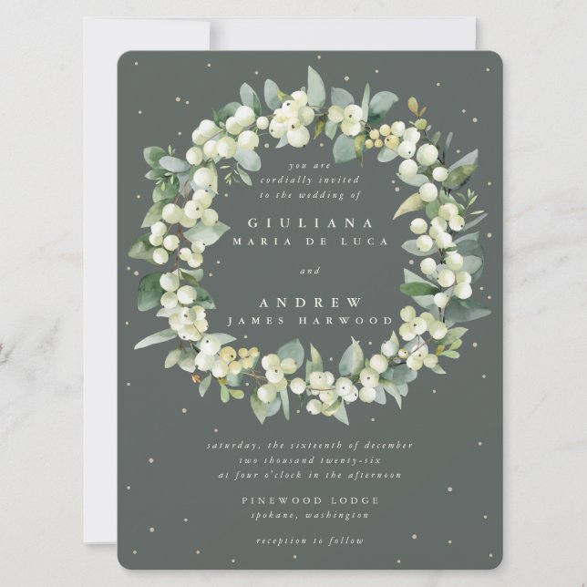 Invitation Grand Mariage vert de neige + Eucalyptus Wreath (Devant)