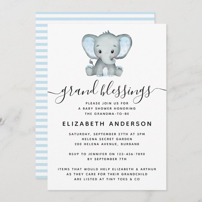 Invitation Grand-mère de l'éléphant bleu au Baby shower (Devant / Derrière)