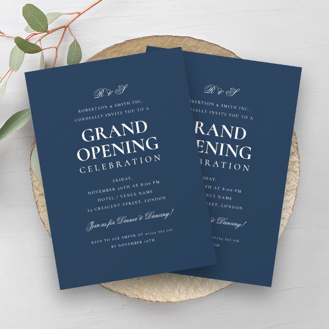 Invitation Grand Monogramme d'ouverture de l'entreprise offic (Formal Corporate Grand Opening Monogram Navy Invitation)