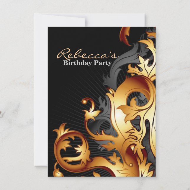 Invitation grand noir abstrait gatsby de flourish et feuille (Devant)
