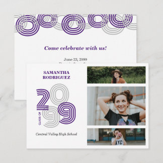 Invitation Grand nombre de violets rétro 3-Photo Graduation