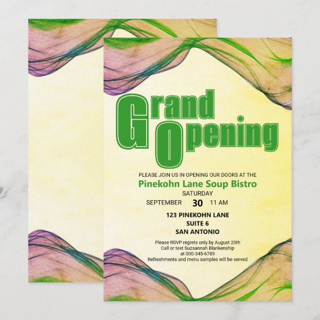 Invitation Grand Opening Vert Jaune Bordure Aquarelle Vague  (Devant / Derrière)