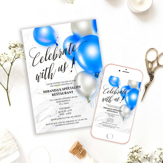 Invitation Grand ouverture de coupe du ruban à ballons bleu a (Créateur téléchargé)