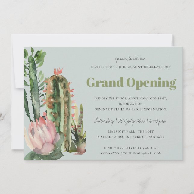 INVITATION GRAND OUVERTURE GREY PINK FLORAL DÉSAERT CACTUS FA (Devant)