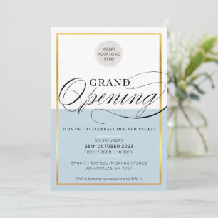 Invitation GRAND OUVERTURE logo d'entreprise moderne or bleu 
