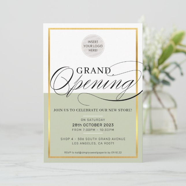 Invitation GRAND OUVERTURE logo d'entreprise moderne sauge or (Debout devant)