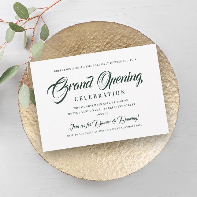 Invitation Grand ouverture officielle de l'entreprise Vert &  (Formal Corporate Grand Opening Green & White Invitation)