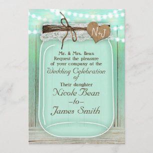 Invitation Grand pot Mason et lumières vert menthe Mariage ru