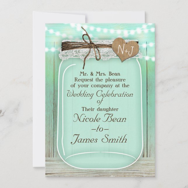 Invitation Grand pot Mason & lumières Vert menthe Mariage rus (Devant)