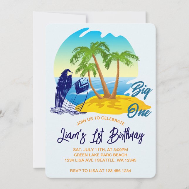 Invitation Grand Thème de plage pour garçon avec nom personna (Devant)