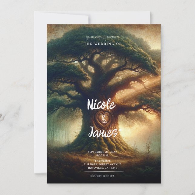 Invitation Grand Vieux Chêne Enchanté Mariage Rustique en For (Devant)