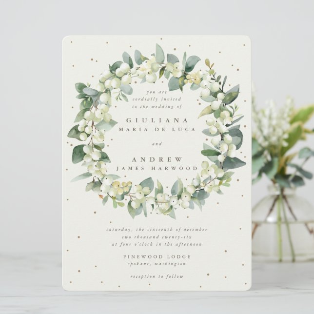 Invitation Grande crème Snowberry + Eucalyptus Wreath Mariage (Debout devant)