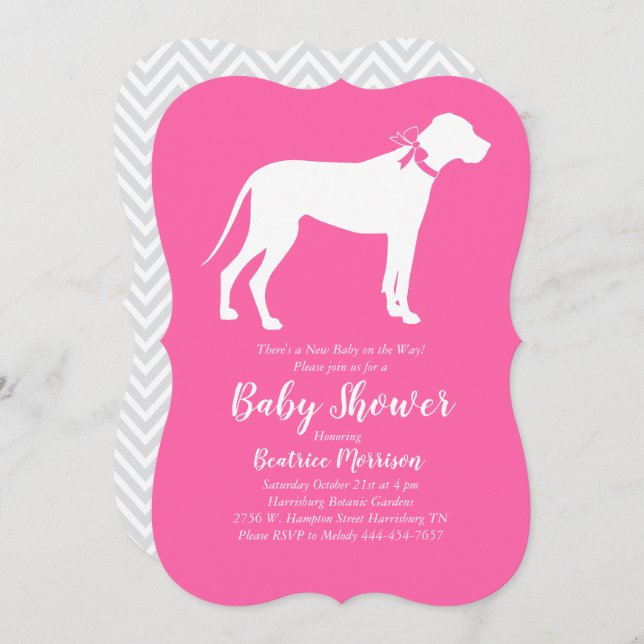 Invitation Grande Dane Chien Baby shower Rose fille (Devant / Derrière)