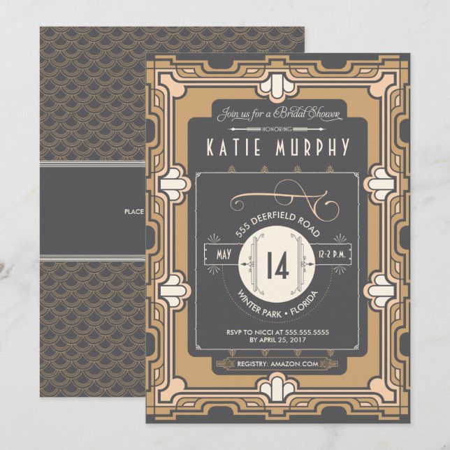 Invitation Grande Fête des mariées Art Déco Gatsby (Devant / Derrière)