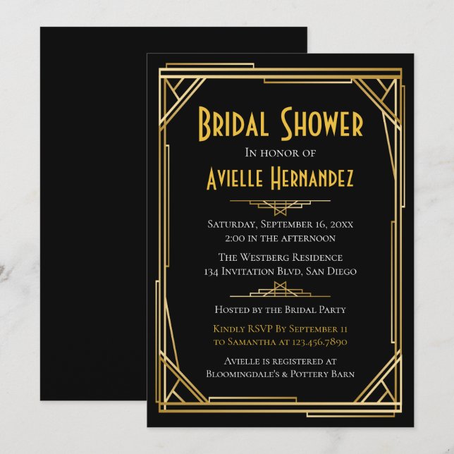 Invitation Grande Fête des mariées Gatsby Or et Mariage noir (Devant / Derrière)