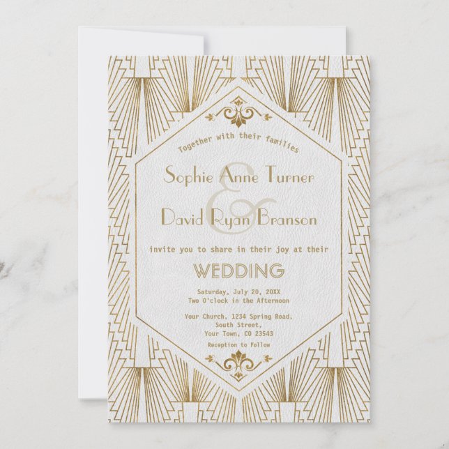 Invitation Grande Gatsby Art Déco Gold White Wedding Invitati (Devant)