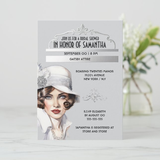 Invitation Grande Gatsby élégante douche nuptiale style année (Debout devant)