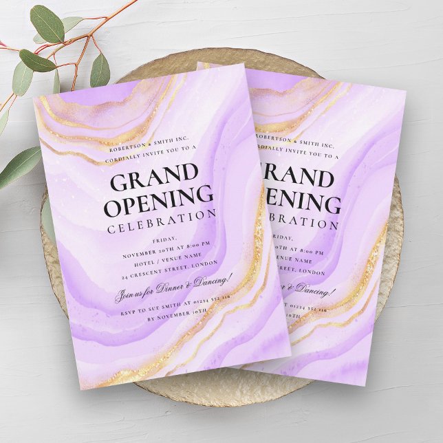 Invitation Grande ouverture officielle Parties scintillant en (Formal Grand Opening Purple Gold Marble Glitter Invitation)