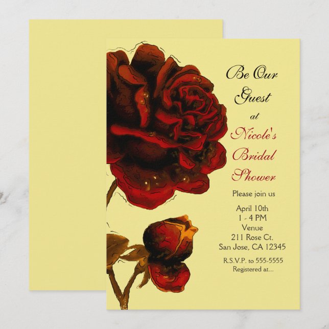 Invitation Grande Rose Rouge & Fête de Toute Couleur Jaune (Devant / Derrière)
