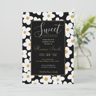 Invitation Grandes Fleurs Blances Blances Retro Design Noir