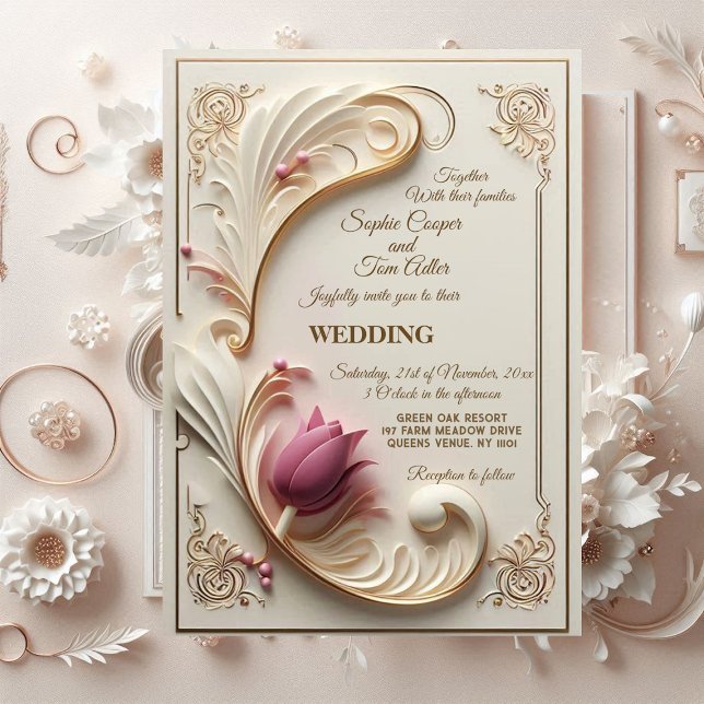 Invitation Grandeur baroque or doux avec tourbillon floral Tu (Soft Gold Baroque Grandeur with Tulip Floral Swirl Invitation)