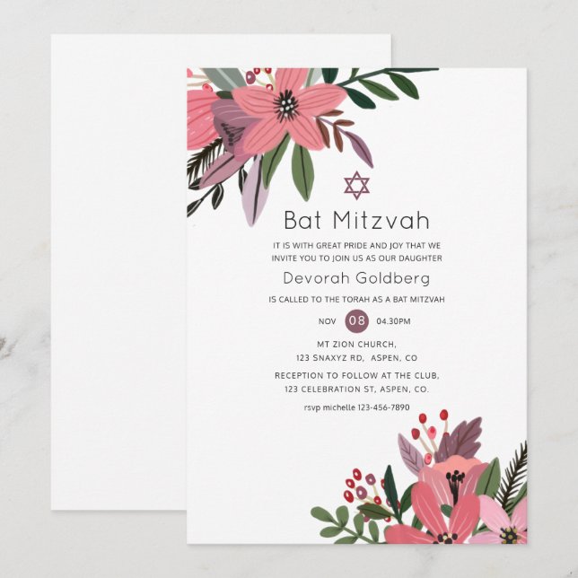 Invitation Grandeur Moderne Fleur de Prunier et Rose pour Bat (Devant / Derrière)