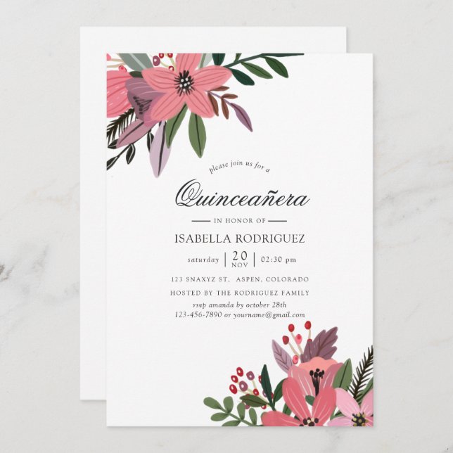 Invitation Grandeur moderne Plum et rose Floral Quinceañera (Devant / Derrière)