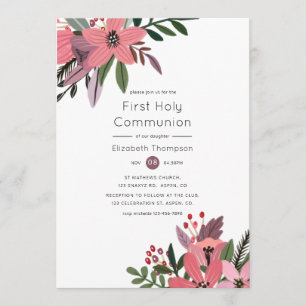 Invitation Grandeur moderne Plum & Pink Floral Holy Communion