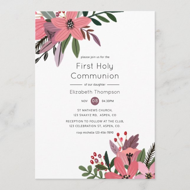 Invitation Grandeur moderne Plum & Pink Floral Holy Communion (Devant)