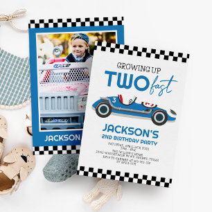 Invitation Grandir deux Fast Blue Race Car 2e anniversaire