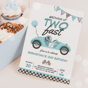 Invitation Grandir deux Fast Blue Race Car 2e anniversaire