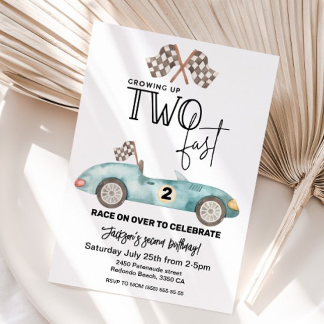 Invitation Grandir Trop vite Voiture de course bleue 2e anniv (Growing up TWO fast boy birthday party)