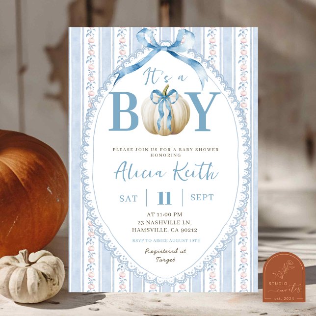 Invitation Grandmillenial Preppy Blue Citrouille Baby shower  (Créateur téléchargé)