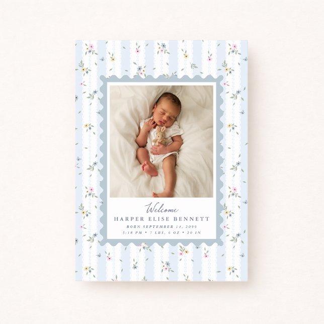 Invitation Grandmillennial Blue Birth Announcement Photo Card (Créateur téléchargé)