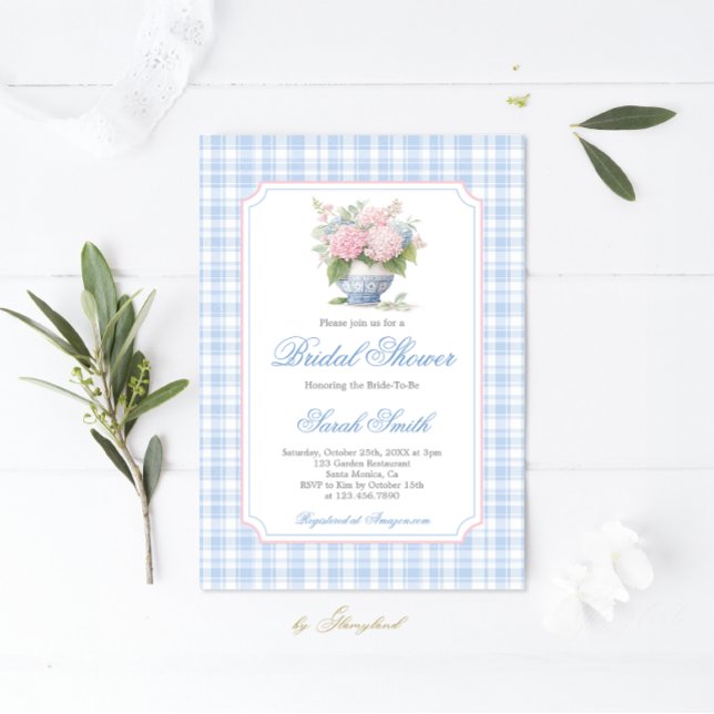 Invitation Grandmillennial Blue Gingham Baby Shower  (Créateur téléchargé)