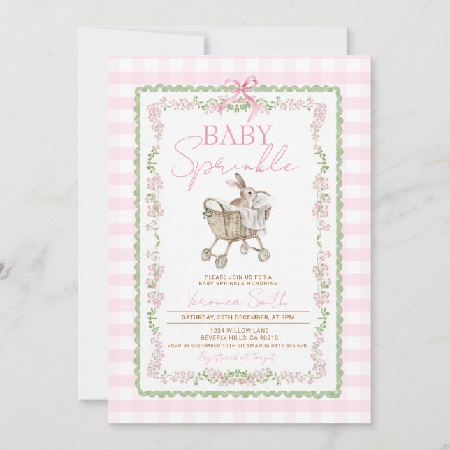 Invitation GRANDMILLENNIAL Lapin Rose Baby Sprinkle (Devant)