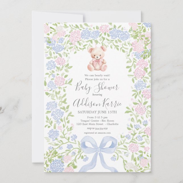 Invitation Grandmillennial pink  Bear baby shower invite (Devant)